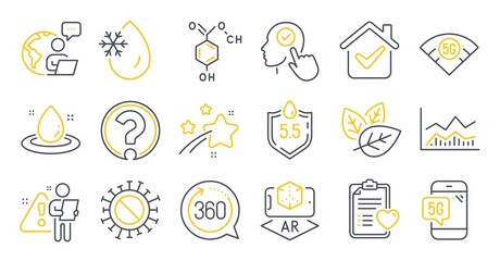 Set of Science icons, such as 5g phone, Chemical formula, Patient history symbols. Select user, 5g wifi, Augmented reality signs. Ph neutral, Freezing water, 360 degrees. Organic tested. Vector
