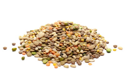 Mixed legumes and cereals, peeled barley, green, yellow and dark red lentils, half green peas,...