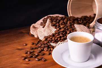 Homemade cafe fresh hot espresso in steam white mug cup brew from organic sustainable coffee shop drink roasted brown bean with recycle disposable paper package with refresh aroma