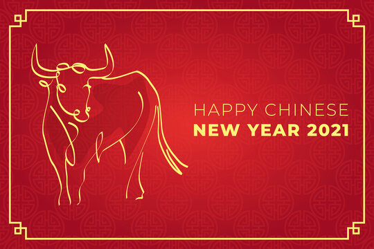 Chinese new year 2021 year of the cow, red and gold line art character, simple hand drawn illustration