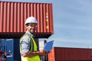 Logistics engineer working with computer notebook and looking Shipping containerin commercial...