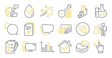 Set of Technology icons, such as Computer, Pie chart, 3d chart symbols. Diagram graph, Dermatologically tested, Touchscreen gesture signs. Chemistry flask, Survey checklist, Call center. Vector
