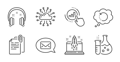 Document attachment, Cloud network and Chemistry flask line icons set. Start business, Graph chart and Recovery data signs. Messenger, Headphones symbols. Quality line icons. Vector