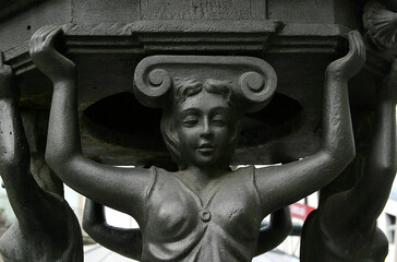 Wrought iron sculpture detail of a public fountain in Barcelona, Spain
