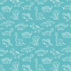 Dinosaurs hand drawn vector seamless line pattern