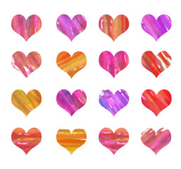 Set of multicolored texture watercolor hearts on white background