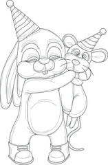 Cute cartoon bunny in birthday party hat and mouse toy template sketch. Christmas holiday vector illustration in black and white for games, background, pattern, decor. Coloring paper, page, story book