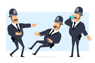 Cartoon flat funny british fat policeman character in helmet and uniform. Boy talking on phone and falling down. Ready for animation. Isolated on blue background. Vector set.