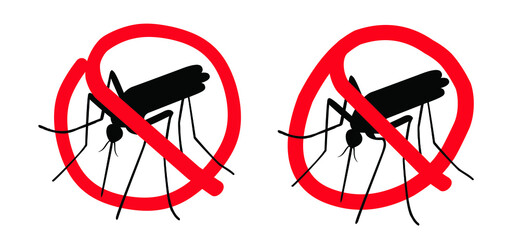 Stop malaria, zika or dengue. Caution, warning mosquitos drinking blood. World mosquito day. Flat vector signaling. Insect bite, blood infection ( illness ). Spread malaria virus fever alert.