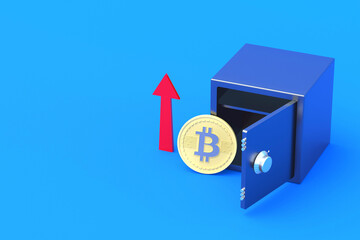 Coin of cryptocurrency bitcoin near red arrow pointing up and strongbox on blue background. Growth in rate exchange popularity of virtual currency. Increased profits. e-deposit concept. 3d rendering