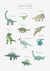 Dinosaurs hand drawn vector illustrations set print for kids room