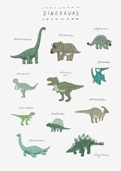 Dinosaurs hand drawn vector illustrations set print for kids room