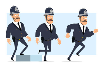Cartoon flat funny british fat policeman character in helmet and uniform. Successful tired boy walking up to his goal. Ready for animation. Isolated on blue background. Vector set.