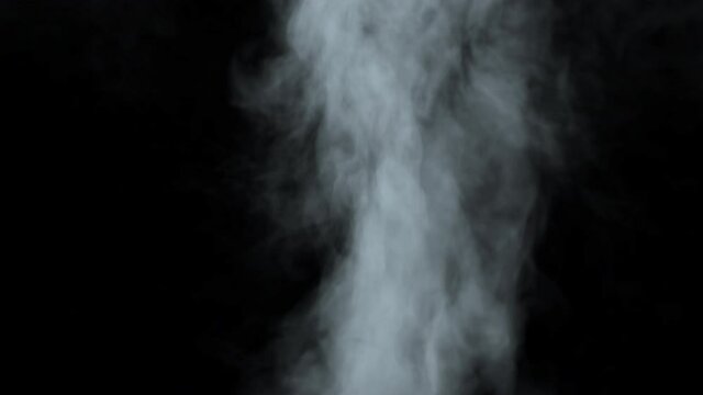 Two clouds of white fog smoke enter from different sides of the frame, collide in the center and dissipate completely on an alpha channel background.