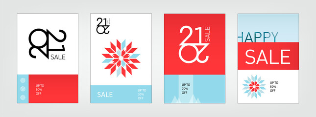 Winter 2021 sale set.  Holiday, Christmas, New Year design templates. Poster collection for shop window. Advertising, promote, announce season sale. Modern typography, creative, geometric illustration