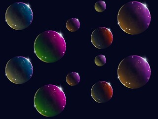The texture made of many soap bubbles on dark background. Bubbles have colorful tones plus a magical glow.