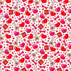 Seamless Pattern with rabbit and hearts. Watercolor hand painted illustration. For card, design, print or background.for a print, postcard, poster for Valentine's day, February 14.