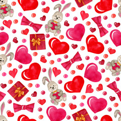 Seamless Pattern with rabbit and hearts. Watercolor hand painted illustration. For card, design, print or background.for a print, postcard, poster for Valentine's day, February 14.