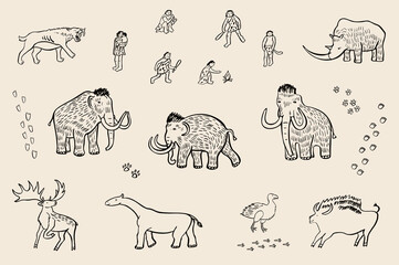 mammoth and ancient prehistoric jurassic wild animals with humans hand drawn vector illustrations set