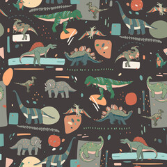 Dinosaurs hand drawn vector seamless pattern with abstract background © GooseFrol