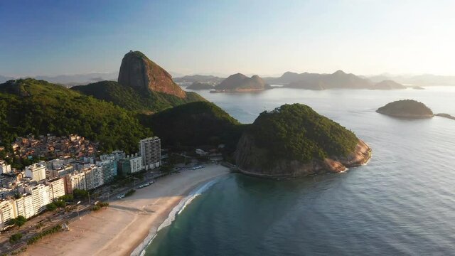Aerial view of Copacabana beach in Rio de Janeiro at sunrise. Brazil.