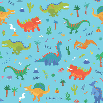 Dinosaurs hand drawn vector seamless pattern