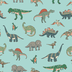 Dinosaurs hand drawn vector seamless pattern on blue background