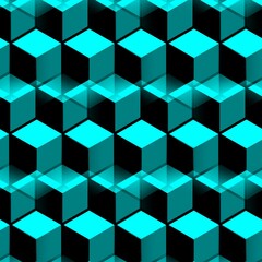 3D Escher style repeating cube pattern in shades of turquoise