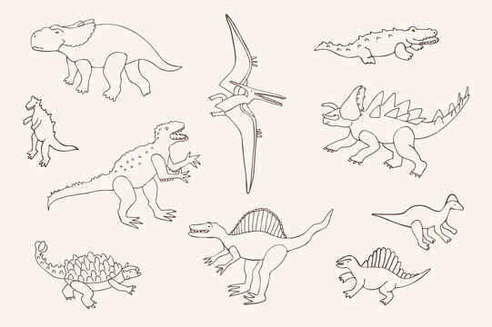 Dinosaurs hand drawn vector line illustrations set