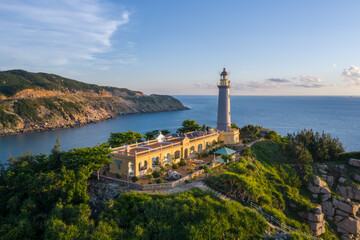 Fototapeta na wymiar Aerial view of Dai Lanh Lighthouse, Phu Yen. This place is considered the first place to receive sunshine on the mainland of Vietnam