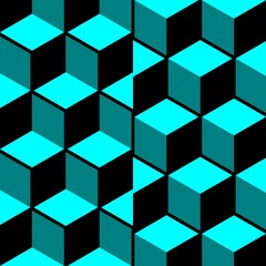 3D Escher style repeating cube pattern in shades of turquoise
