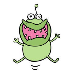 Cartoon green germ jumping with happiness. Vector illustration.