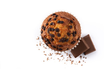 Just baked chocolate muffin isolated on white background. Top view. Copy space