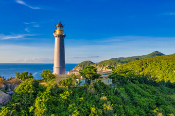 Fototapeta na wymiar Aerial view of Dai Lanh Lighthouse, Phu Yen. This place is considered the first place to receive sunshine on the mainland of Vietnam