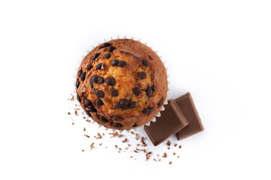 Just baked chocolate muffin isolated on white background. Top view