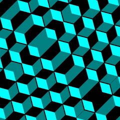 3D Escher style repeating cube pattern in shades of turquoise