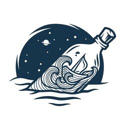 Nautical marine boat, bottle on space waves