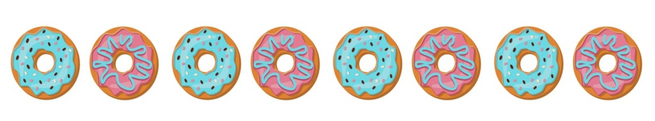 Horizontal border of delicious pink and blue donuts on a white background. Vector pattern in flat style.