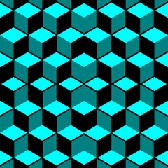 3D Escher style repeating cube pattern in shades of turquoise