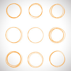 Orange circle, pen draw set. Highlight hand drawn circle isolated on background. Handwritten orange circle. For marker pen, pencil, logo and text check. Circle vector illustration