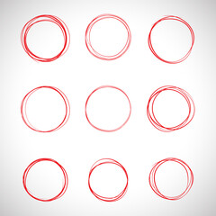 Red circle, pen draw set. Highlight hand drawn circle isolated on background. Handwritten red circle. For marker pen, pencil, logo and text check. Circle vector illustration