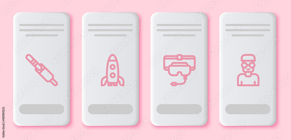 Aufkleber set line audio jack, rocket ship, virtual reality glasses and nerd geek. white rectangle button. vec