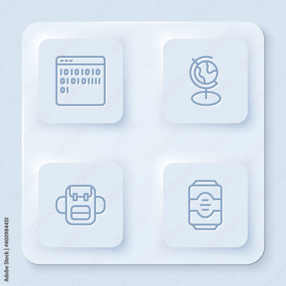 Aufkleber set line binary code, earth globe, school backpack and energy drink. white square button. vector.