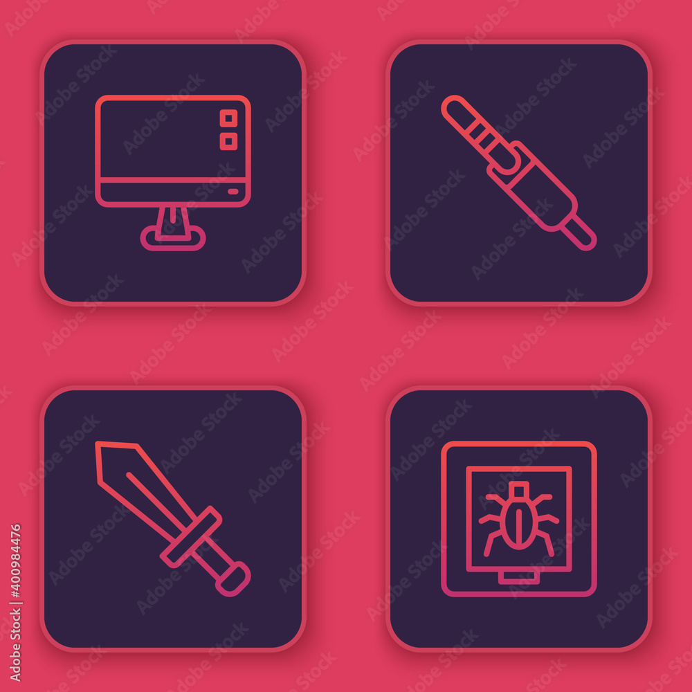 Poster set line computer monitor screen, sword for game, audio jack and insects in frame. blue square butto
