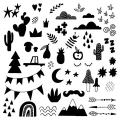 Obraz premium Doodle geometric abstract trendy scandinavian black shapes. Vector hand drawn monochrome elemens for kids fabric textile