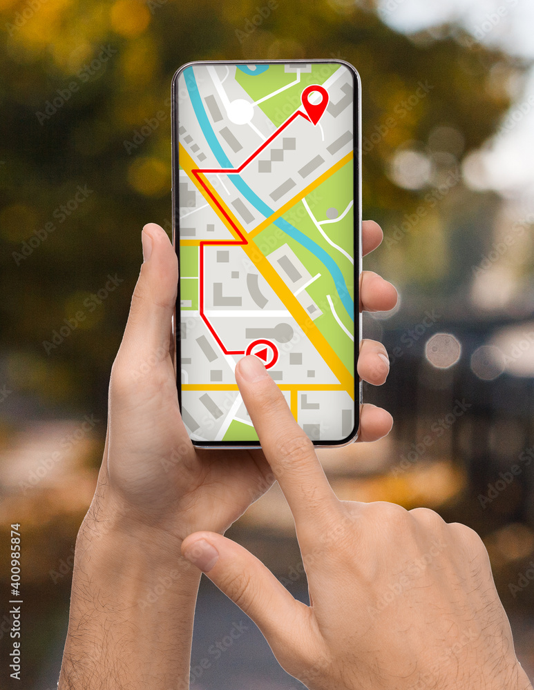 Poster man planning route to destination point, using gps app on smartphone