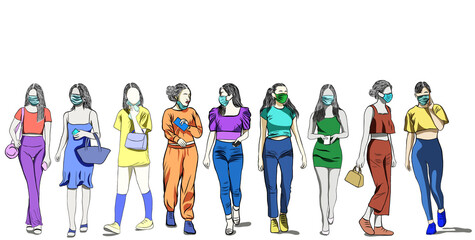 Beautiful young woman wearing surgical mask for protective of Coronaviruses epidemic,air pollution.Creative with illustration in flat design.
