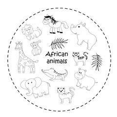 Cute cartoon with African animals, black and white vector illustration for coloring pages