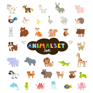 Big set of cute domestic, wild animals and marine mammals. Collection of cartoon characters isolated on white background. Colorful vector illustration in flat design