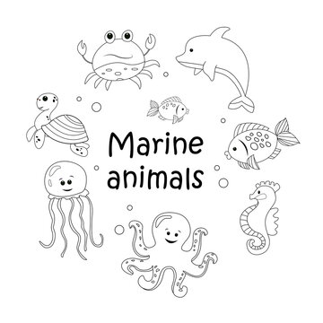 Set of cute cartoon sea animals. Black and white vector illustration for coloring book